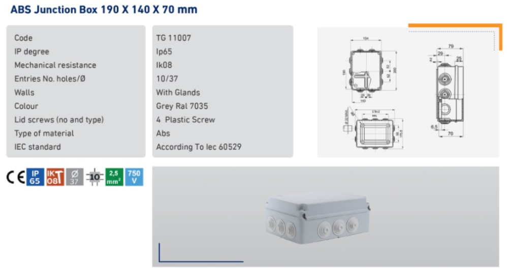 ABS Junction Box 190x140x70 mm